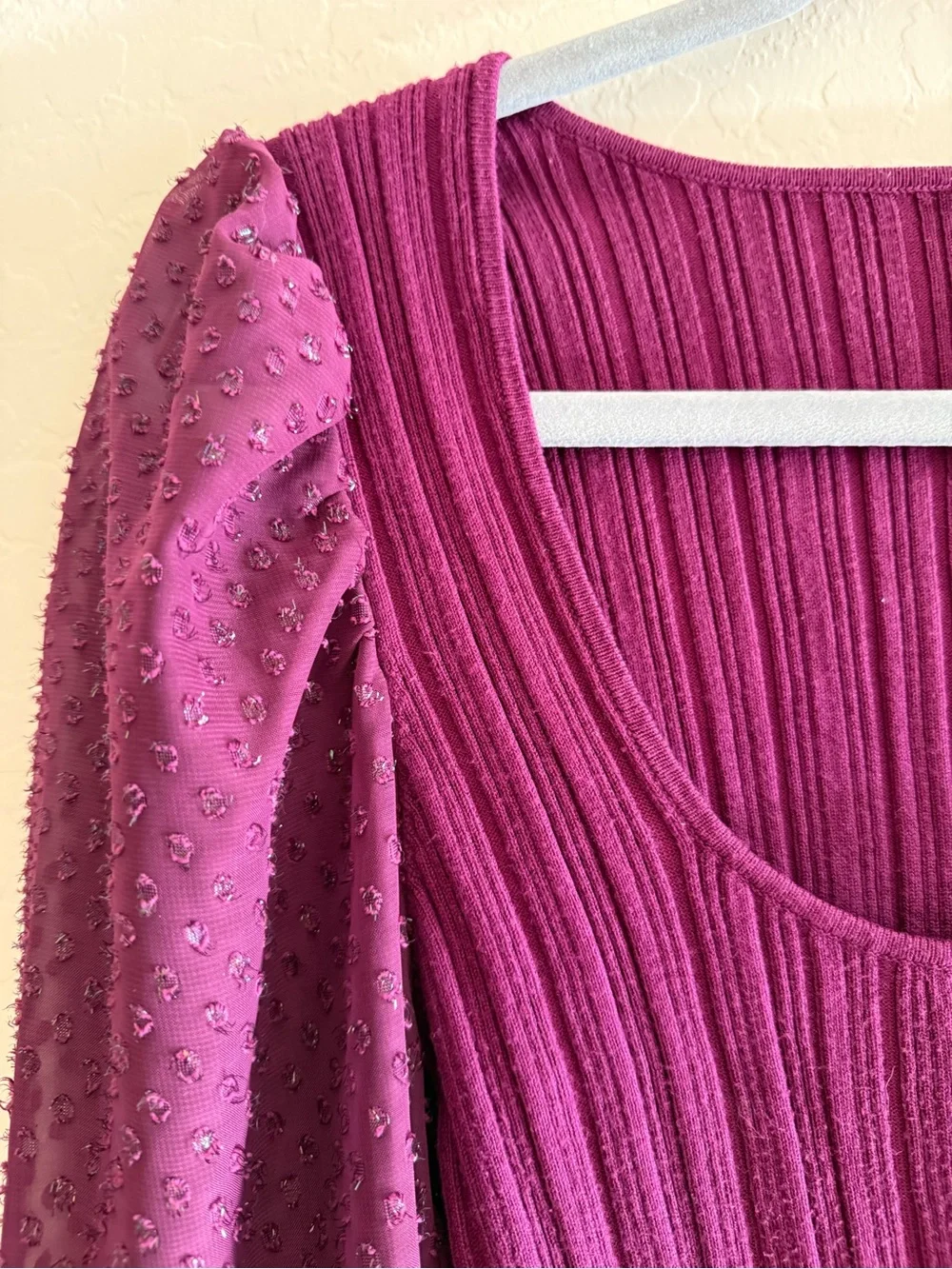 Anthropologie, medium, plum shimmer sweater top features a ribbed body